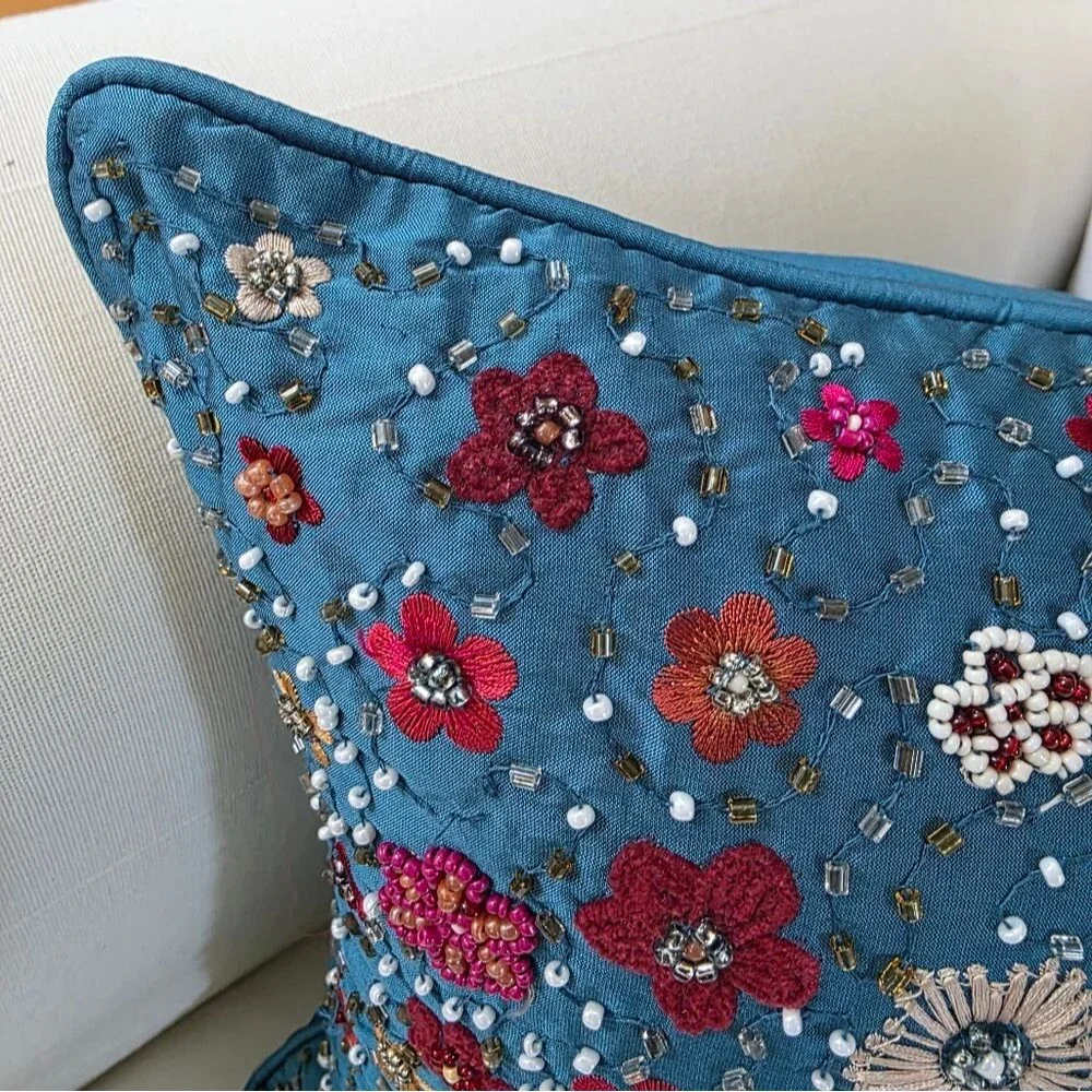 Pier 1 Imports Beaded Embroidered Floral Pillow Accent Pillow 14x14